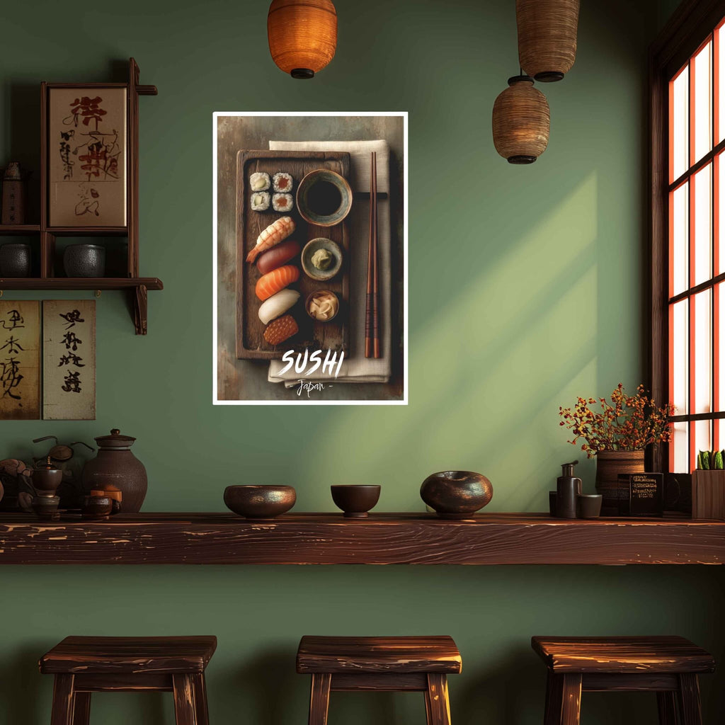 Sushi-themed wall art in a room with wooden shelves and decor.