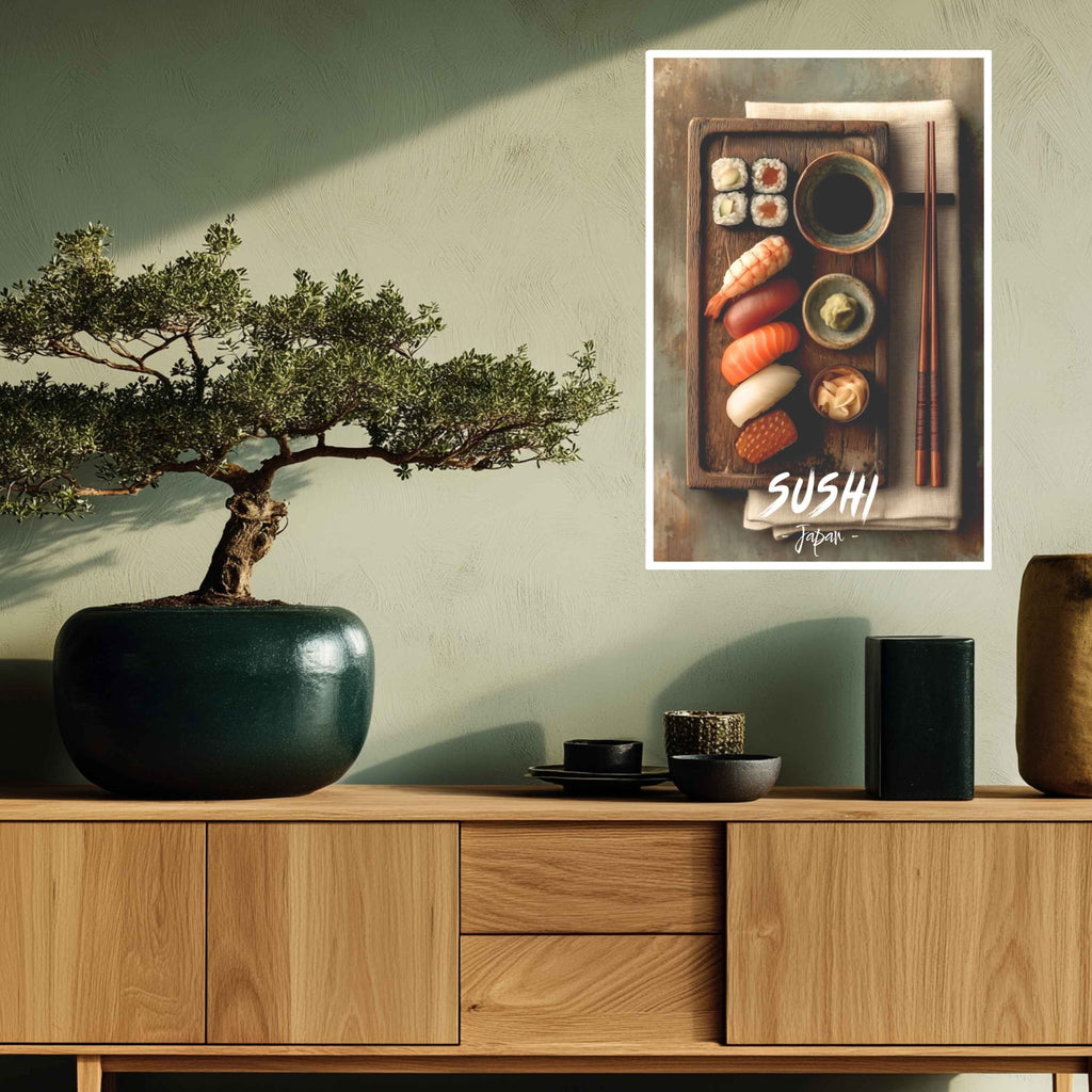 Sushi-themed wall art above a wooden cabinet with a bonsai tree and decorative items.