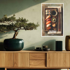 Sushi-themed wall art above a wooden cabinet with a bonsai tree and decorative items.