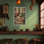 Decorative wall art of sushi on a wooden shelf with Japanese-themed decor.