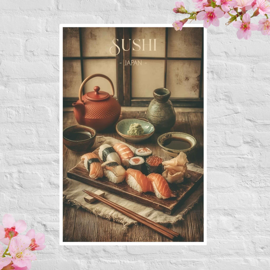 Japanese sushi still life poster with nigiri and maki