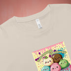 Close-up of playful mochi character DTG print on pastel crop top