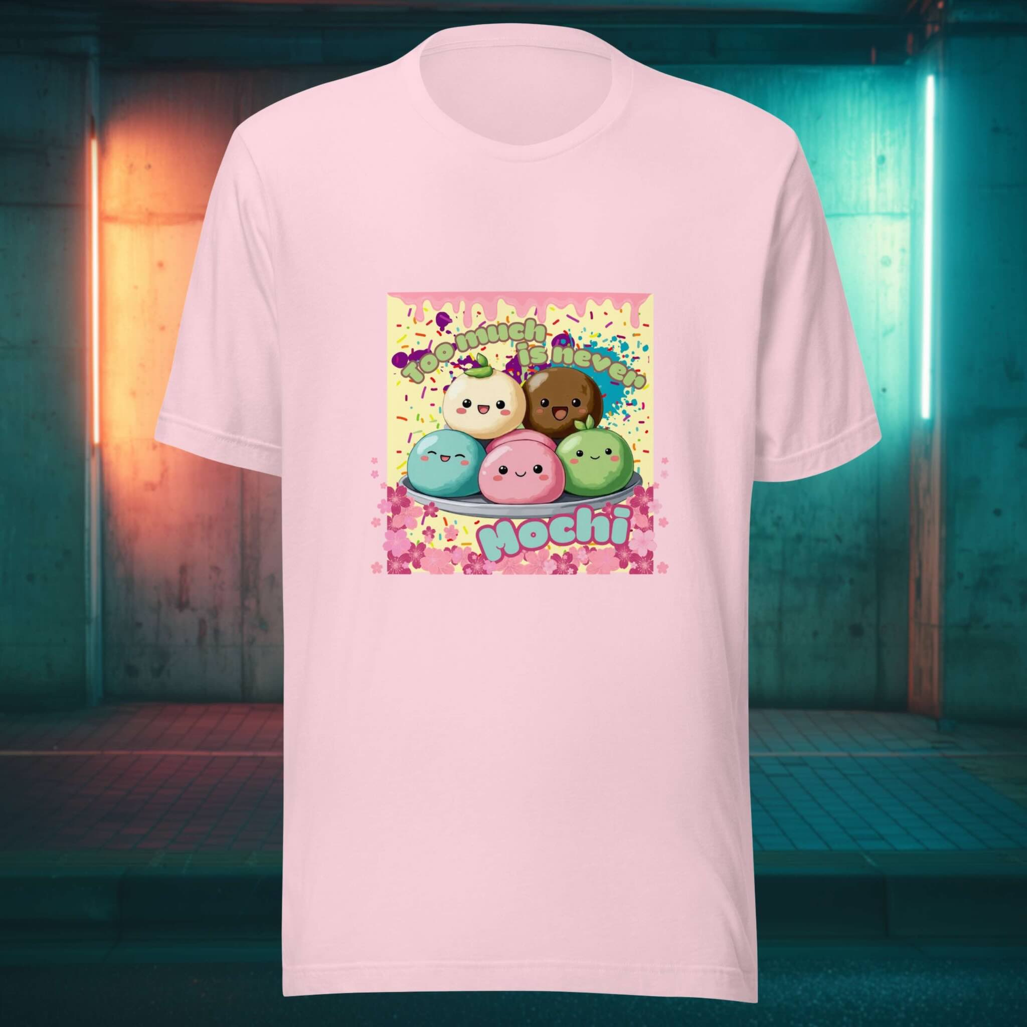 Pink t-shirt with cartoon mochi characters on a colorful background