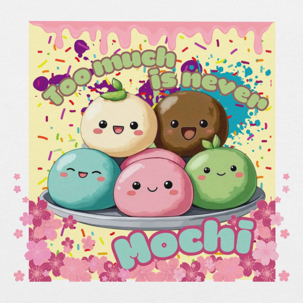 Cartoon mochi characters with colorful background and text