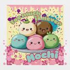 Cartoon mochi characters with colorful background and text