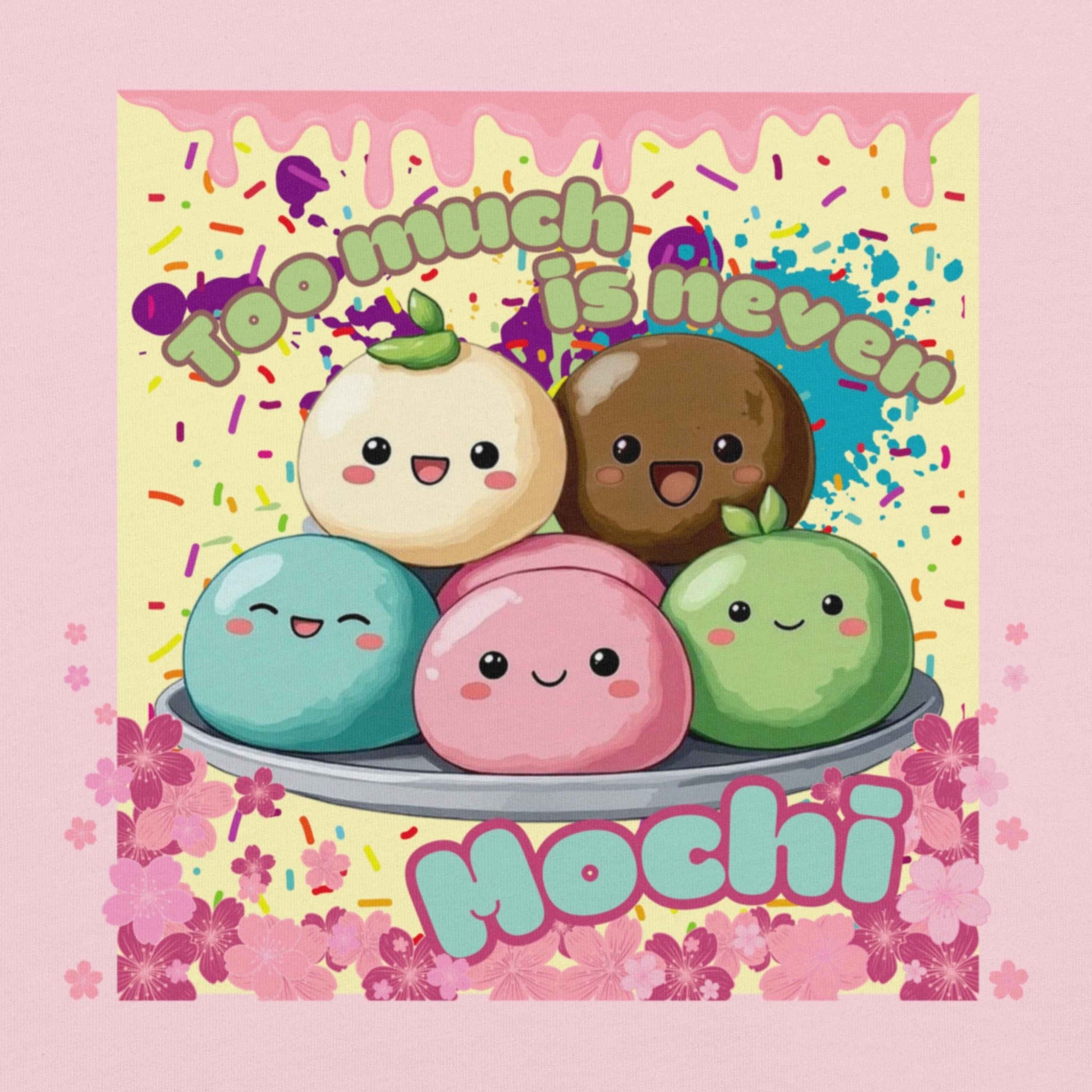 DTG print detail on kawaii mochi pop-art t-shirt