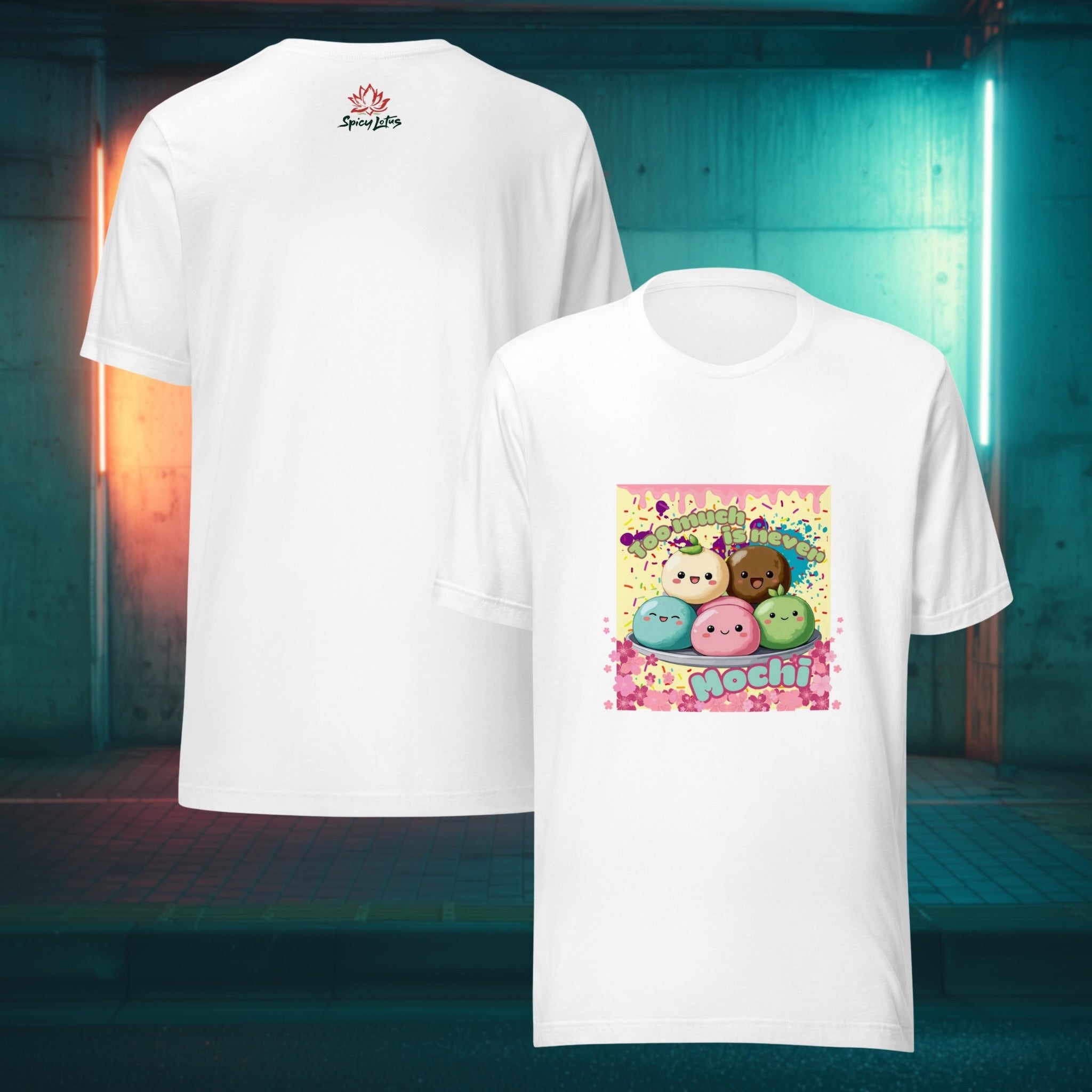 Front and Back view of Too Much Is Never Mochi graphic ghost t-shirt