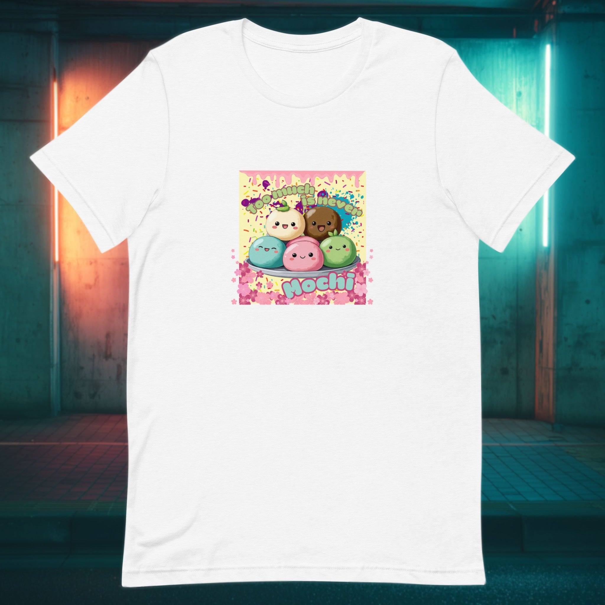 Front view of Too Much Is Never Mochi graphic flatlay t-shirt