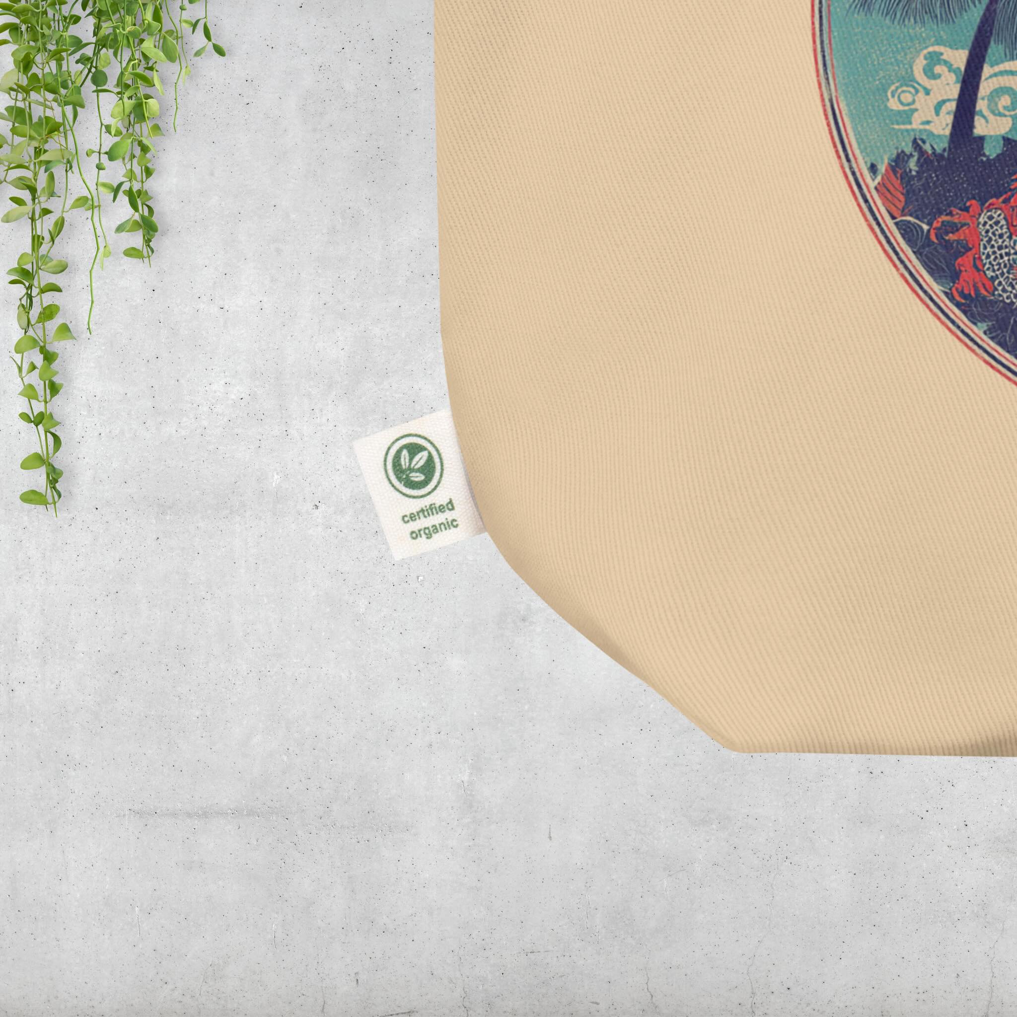 Organic cotton twill texture on tropical dragon eco tote bag