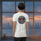 Man wearing a white Spicy Lotus Tropical Dragons vinyl back print T-shirt in front of a window, showing an Asian big city in the background
