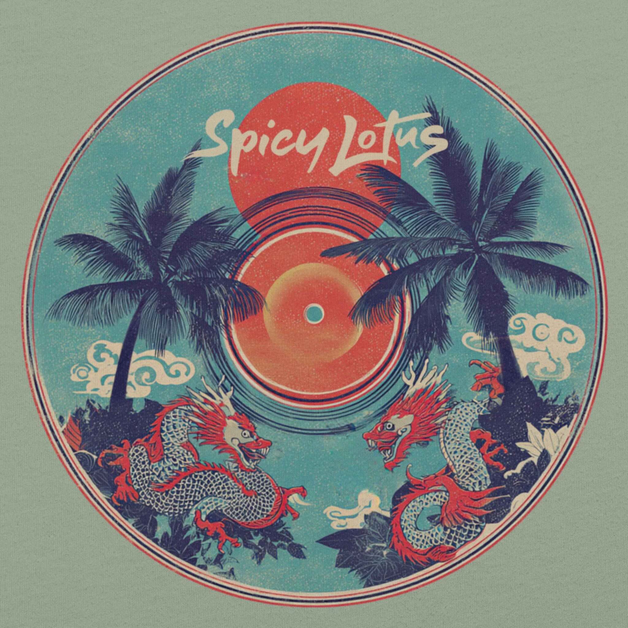 Close-up DTG print Spicy Lotus Tropical Dragons vinyl