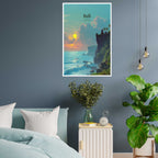 Poster of a sunset over water with cliffs in a bedroom setting.
