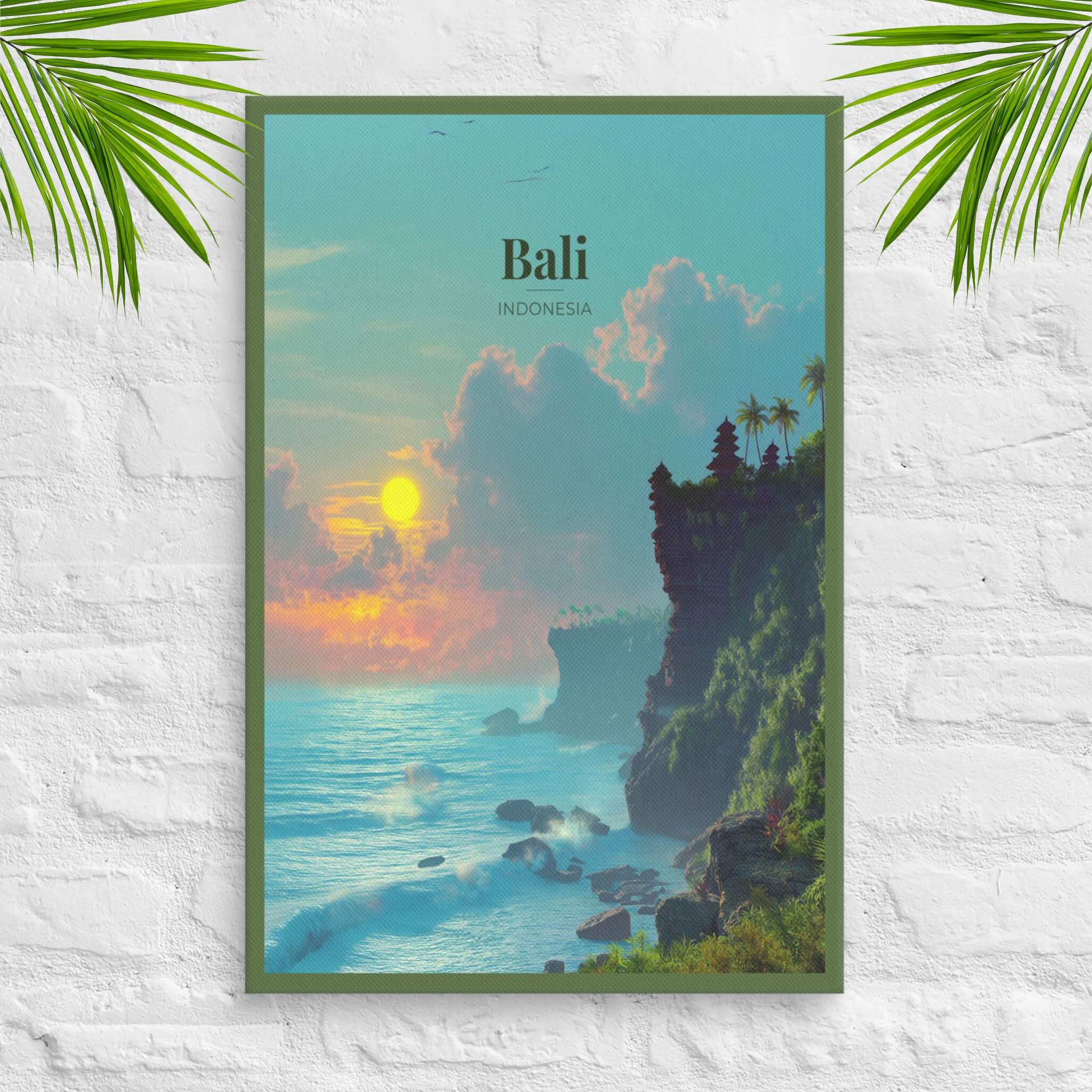 Uluwatu canvas with Bali cliffs and temple at sunset