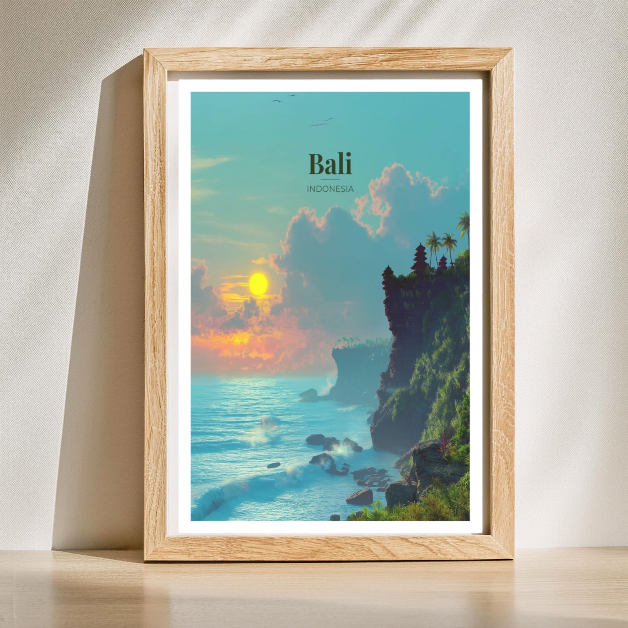 Dramatic ocean waves below Uluwatu temple wall art in wooden frame