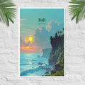 Uluwatu poster with Bali cliffs and temple at sunset