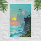 Uluwatu poster with Bali cliffs and temple at sunset