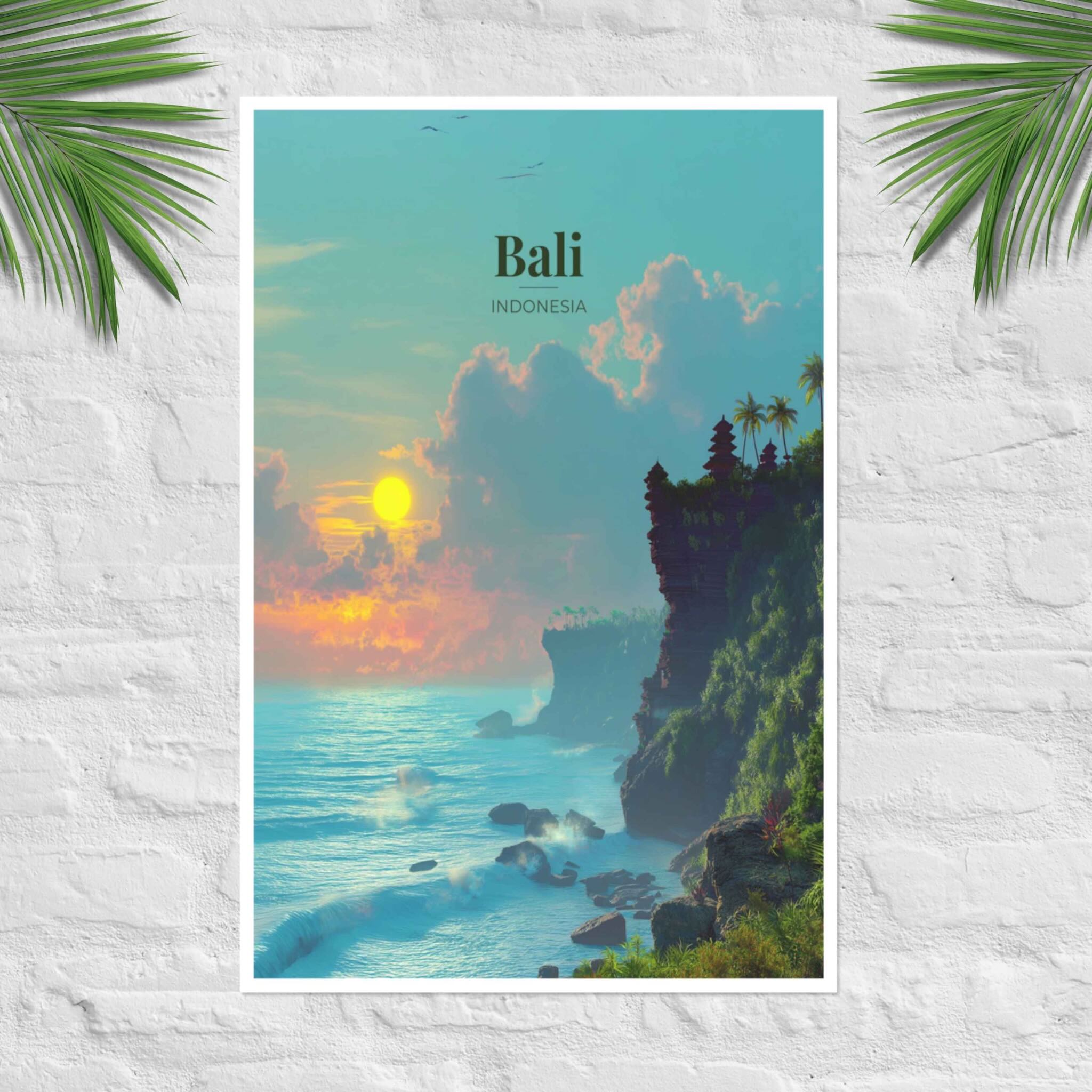 Uluwatu poster with Bali cliffs and temple at sunset