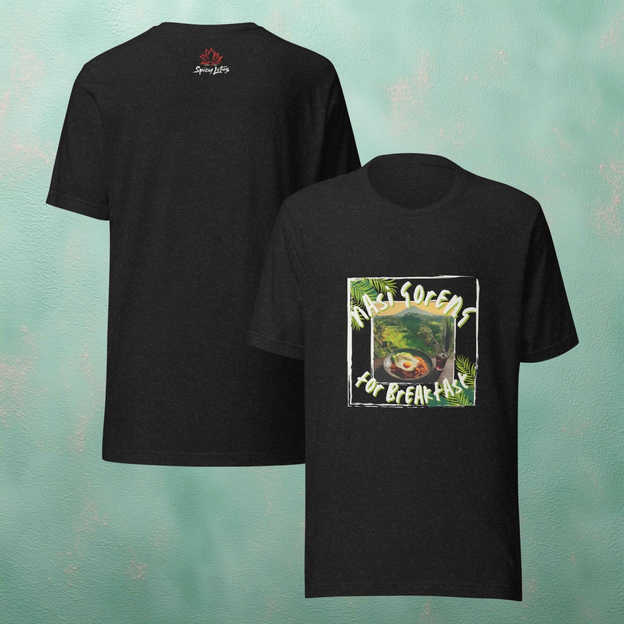 Front/Back view of Nasi Goreng for Breakfast graphic ghost t-shirt