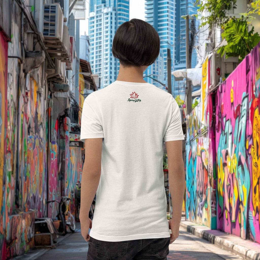 Person wearing a white t-shirt with a logo in an urban alleyway with colorful graffiti.
