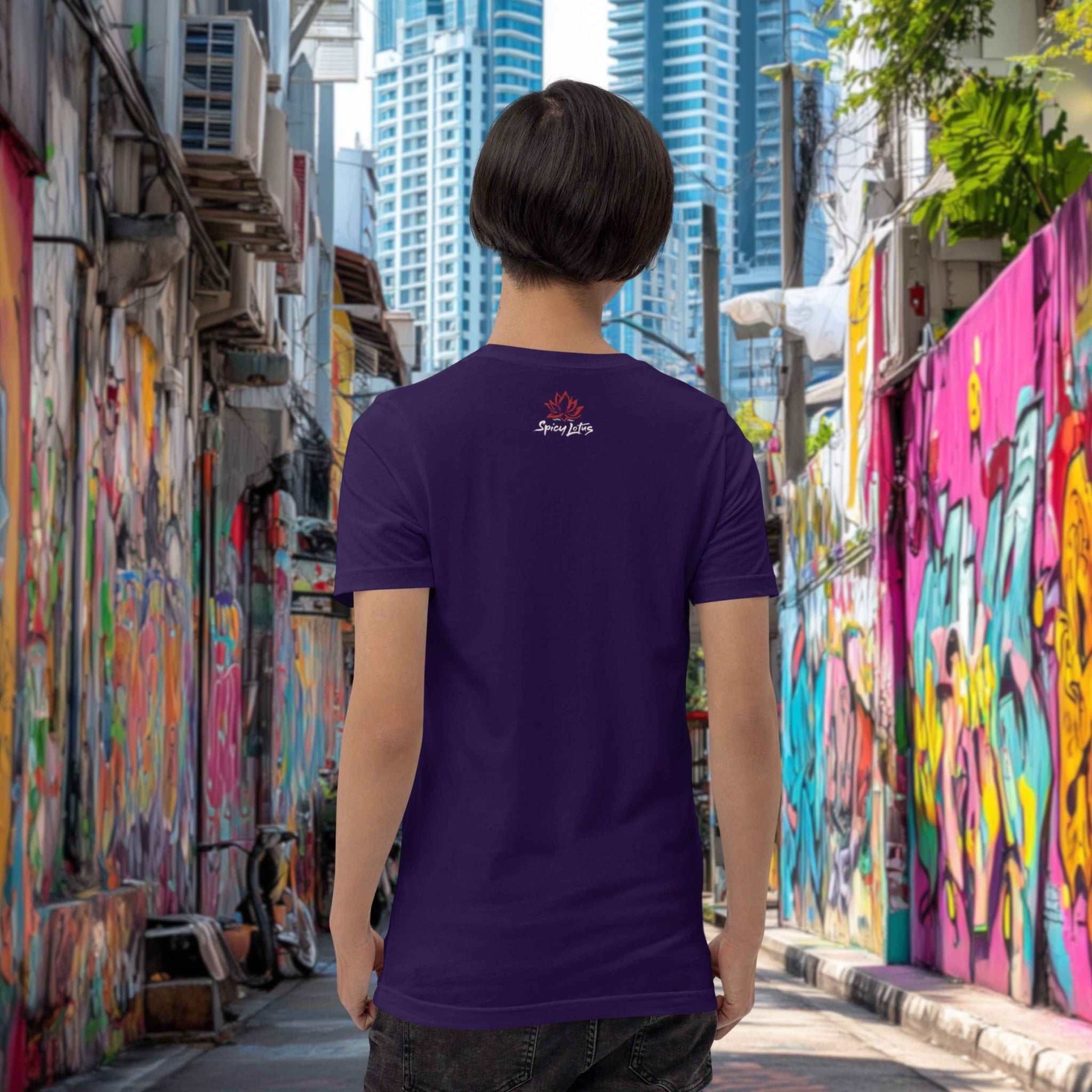 Person wearing a purple t-shirt with a logo in an urban alleyway with colorful graffiti.
