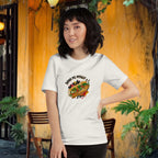 Model wearing Banh Mi Myself & I t-shirt in urban street food setting