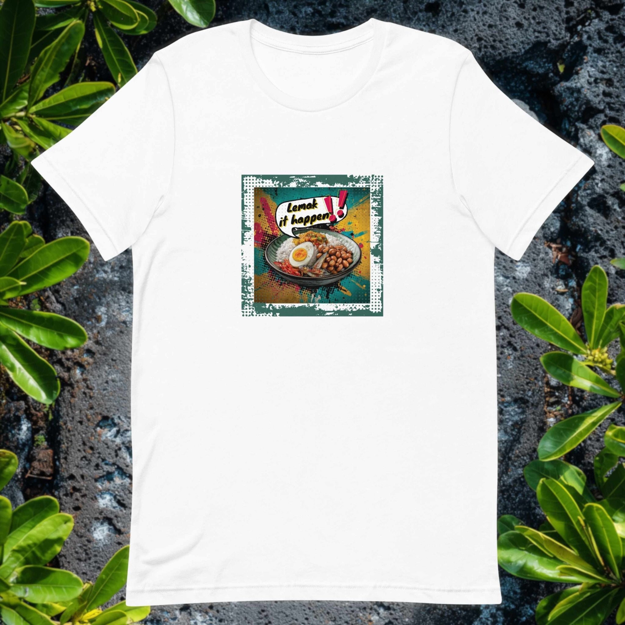 Front view of Lemak It Happen graphic flatlay t-shirt