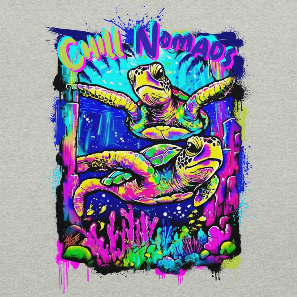 Close-up Bella+Canvas 3001 DTFlex unisex back print of vibrant graffiti style turtles swimming through a reef