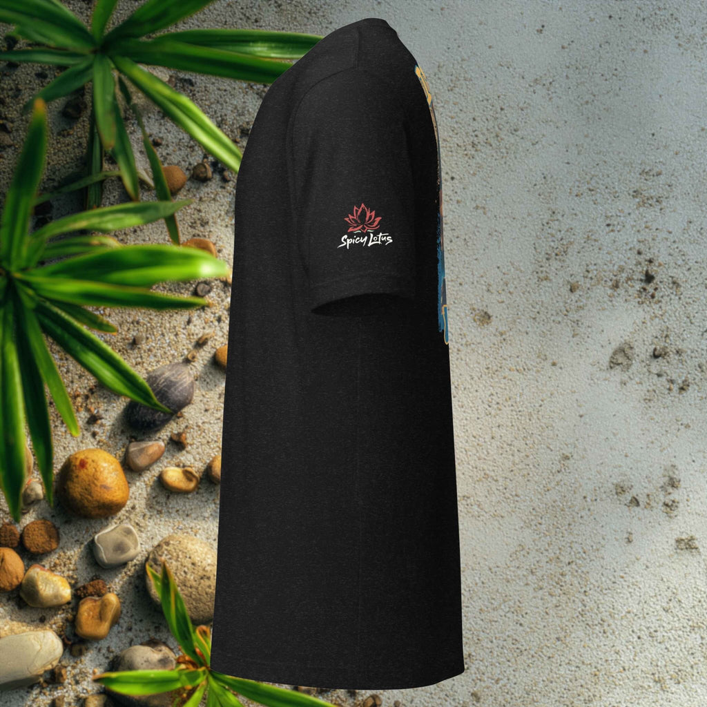 Bella+Canvas 3001 unisex back print ghost T-shirt side view i the background tropical beach sand scene