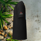 Bella+Canvas 3001 unisex back print ghost T-shirt side view i the background tropical beach sand scene