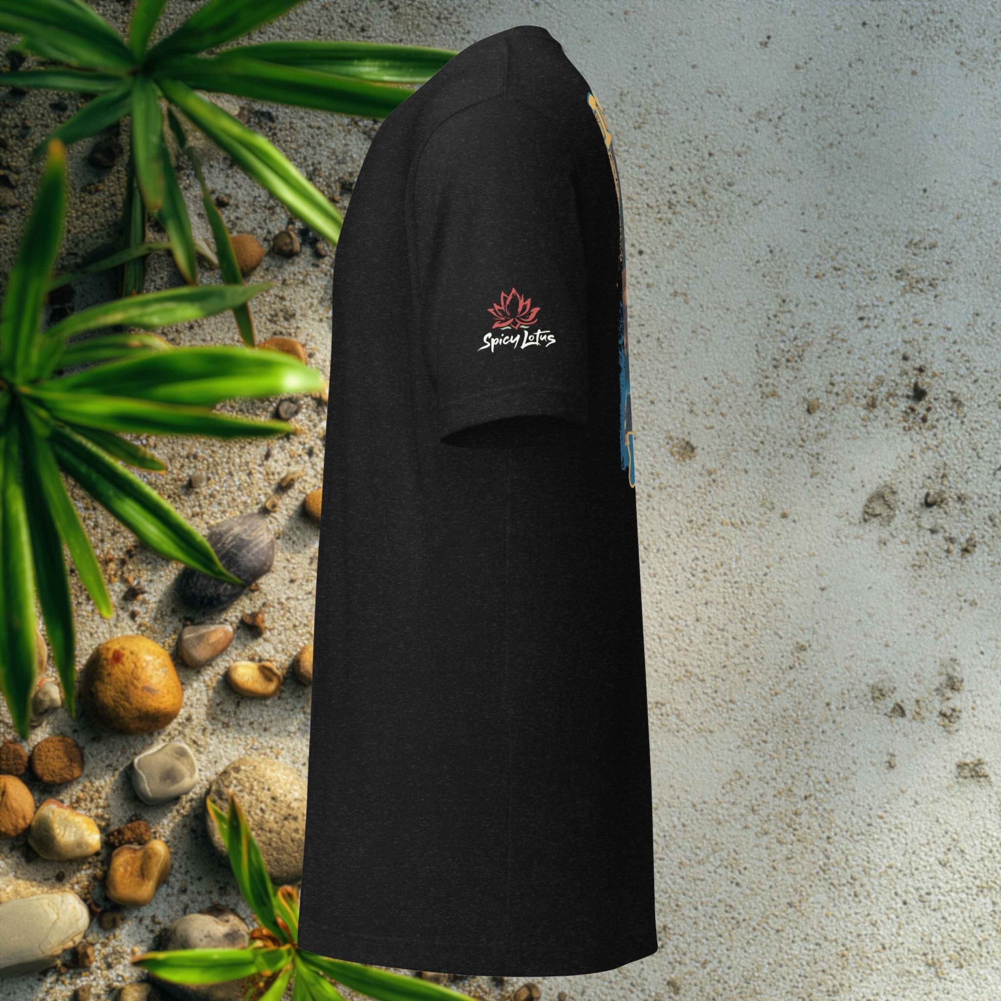 Bella+Canvas 3001 unisex back print ghost T-shirt side view i the background tropical beach sand scene