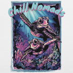 Close-up Bella+Canvas 3001 unisex DTG back print  of two cute turtles swimming through a reef on a T-shirt