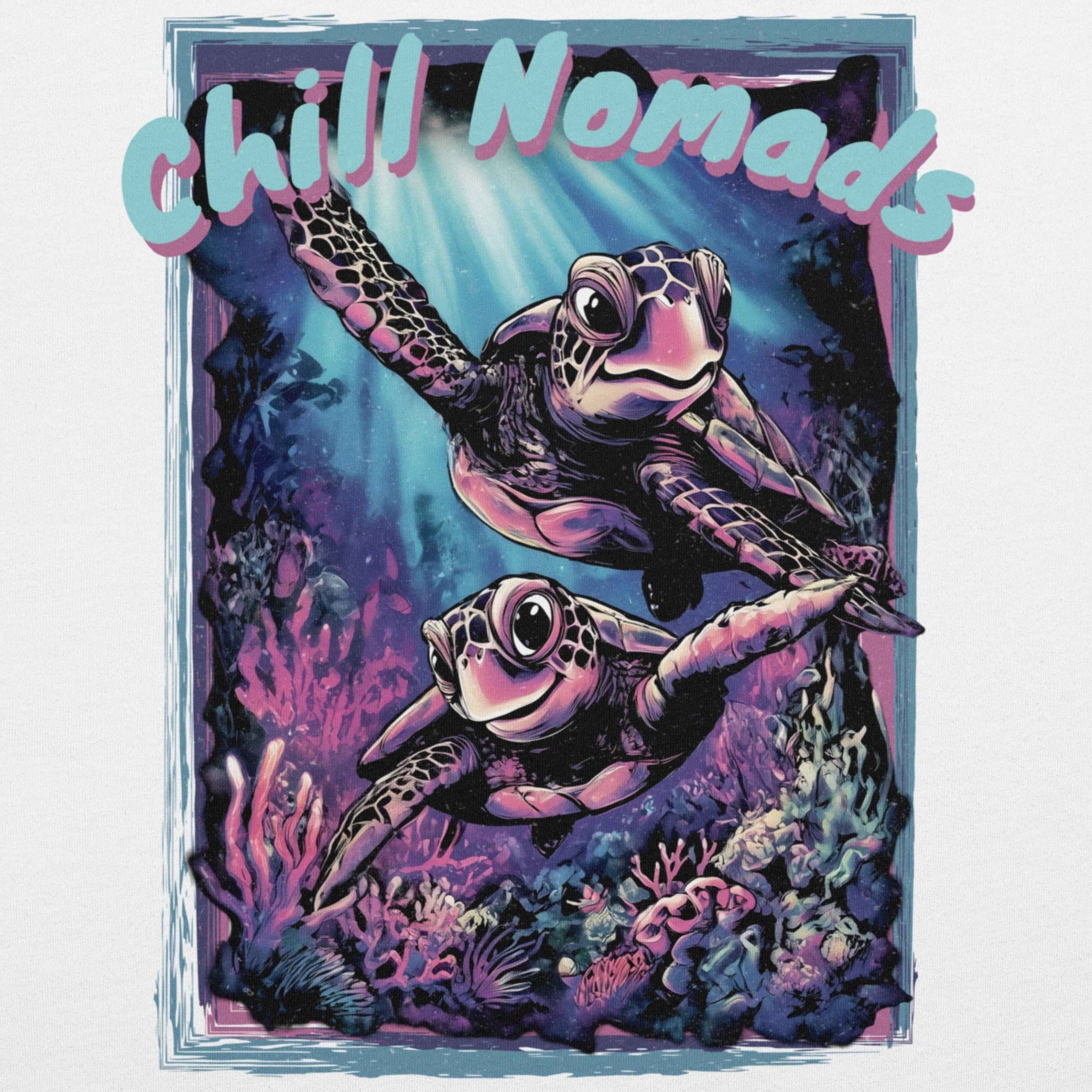 Close-up Bella+Canvas 3001 unisex DTG back print  of two cute turtles swimming through a reef on a T-shirt