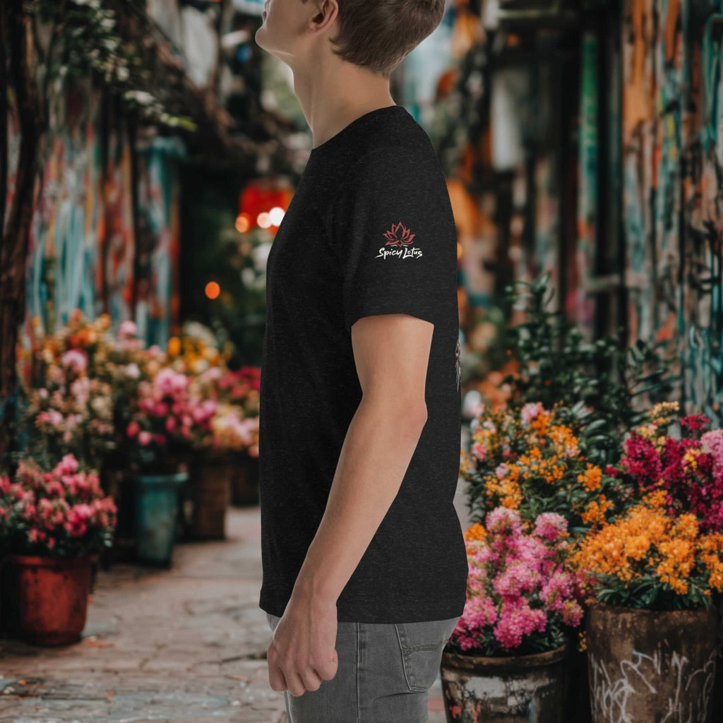 Vietnam jungle night surreal pop-art tee side view on a man in the street with graffiti walls, with flower pots on the both sides