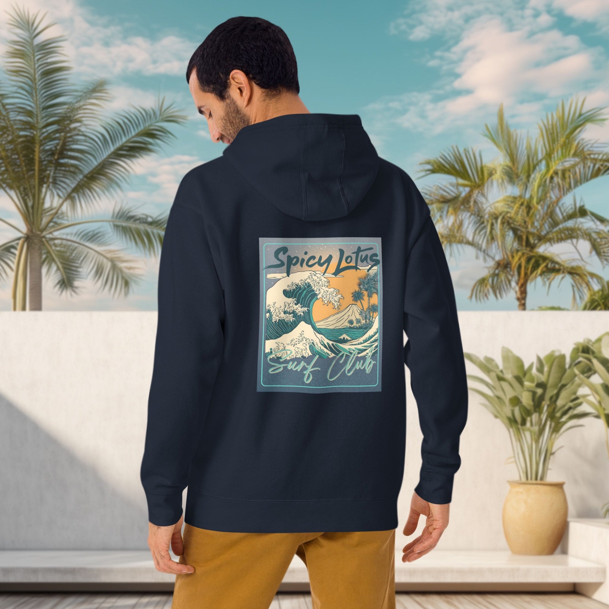 Spicy Lotus Surf Club Midnight Wave back print hoodie