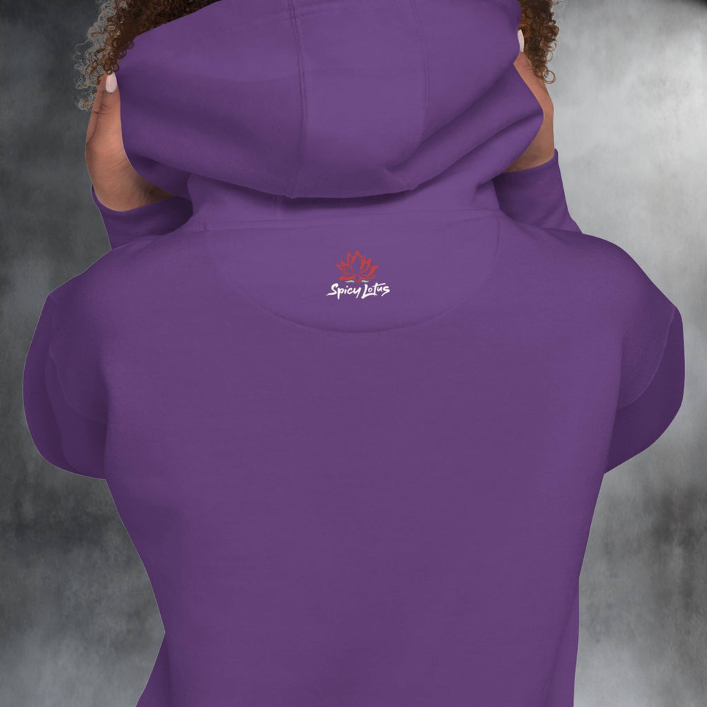 Purple hoodie with a logo on the back against a gray background