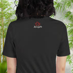 Outside neck label branding on Bella+Canvas t-shirt