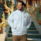 Model wearing Sunrise Wave hoodie strolling asian temple with naga stairs