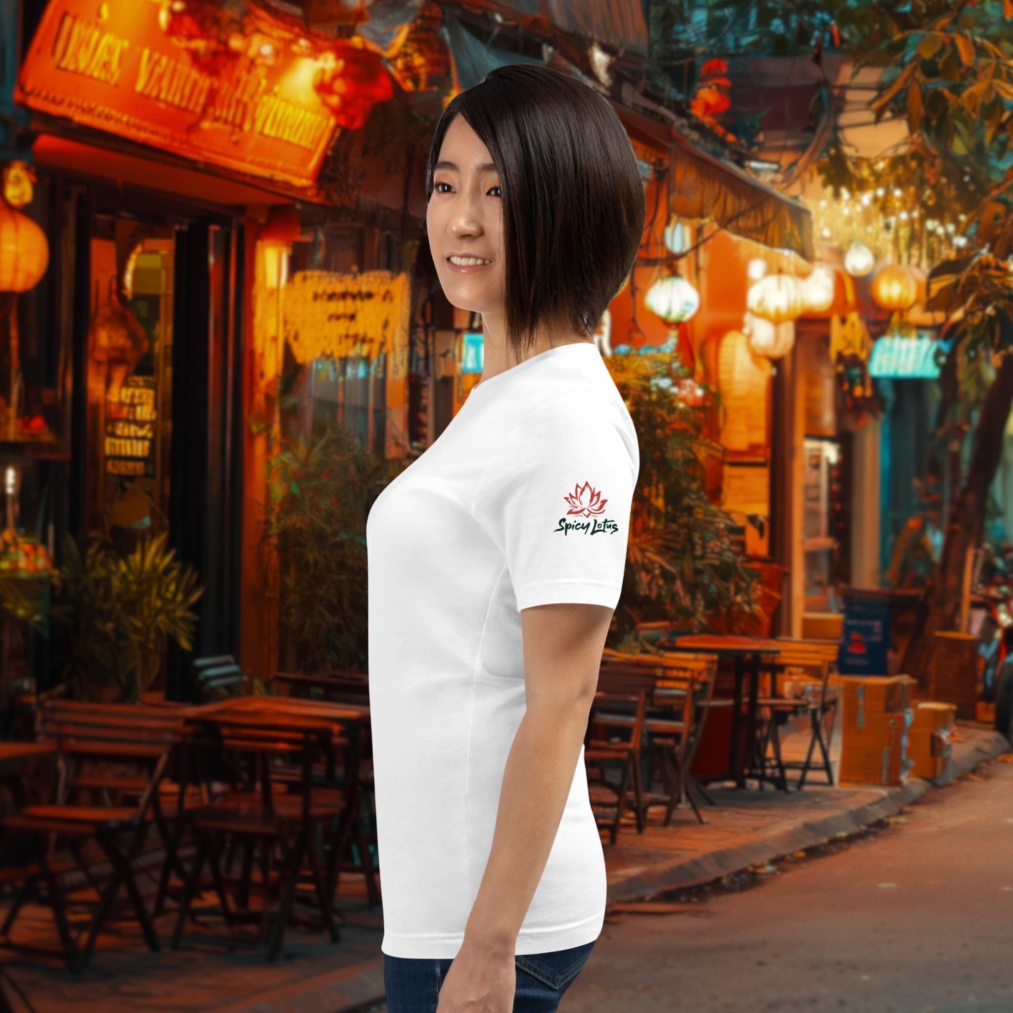 Southeast Asia night gecko pop-art t-shirt side view on a woman in a street in Southeast Asia