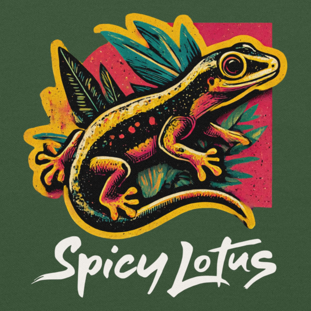 Close-up of neon gecko and tropical leaf DTG print on hoodie