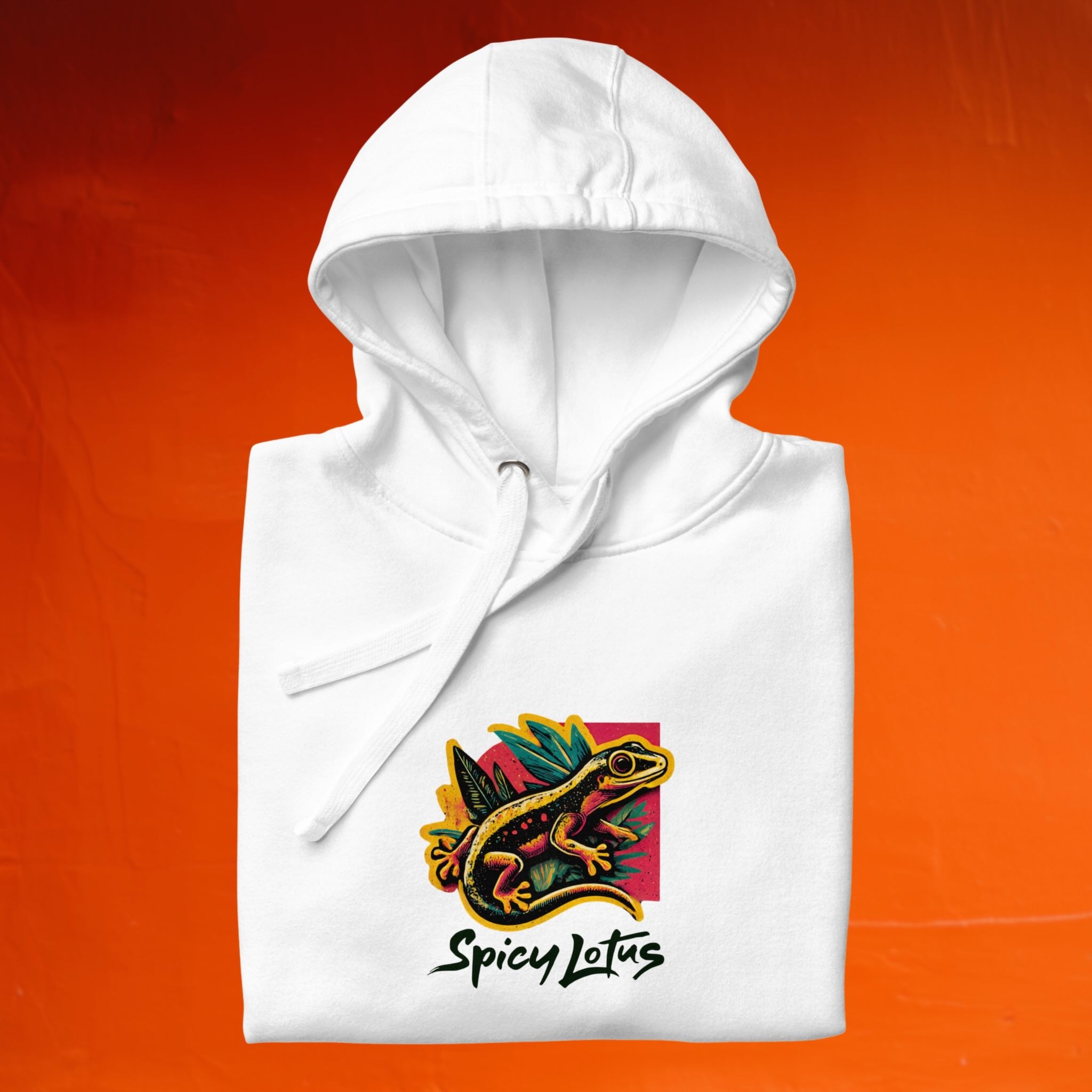 Folded Spicy Lotus Urban Gecko hoodie showing full front design