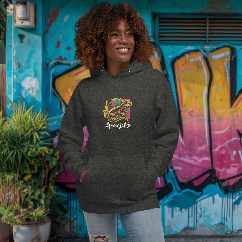 Model wearing Urban Gecko hoodie exploring city streets