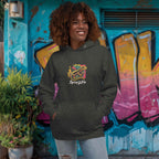 Model wearing Urban Gecko hoodie exploring city streets