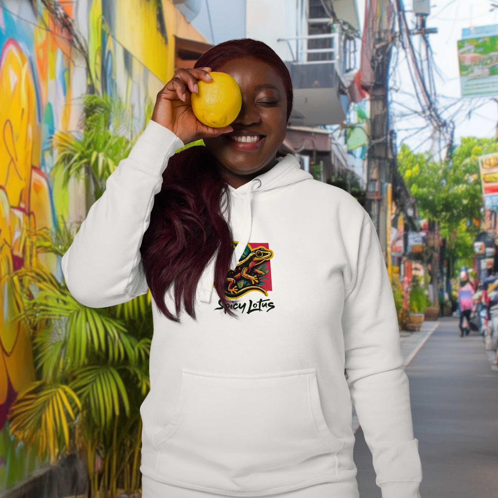 Model wearing Urban Gecko hoodie exploring city streets