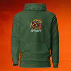 Cotton/poly fleece flatlay hoodie with soft interior and merch print logo