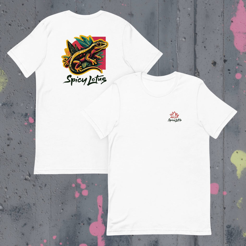 Front and back Neon gecko tropical pop-art streetwear  graphic on a white flat lay tee in front of a concrete wall with graffiti splashes in pink and yellow