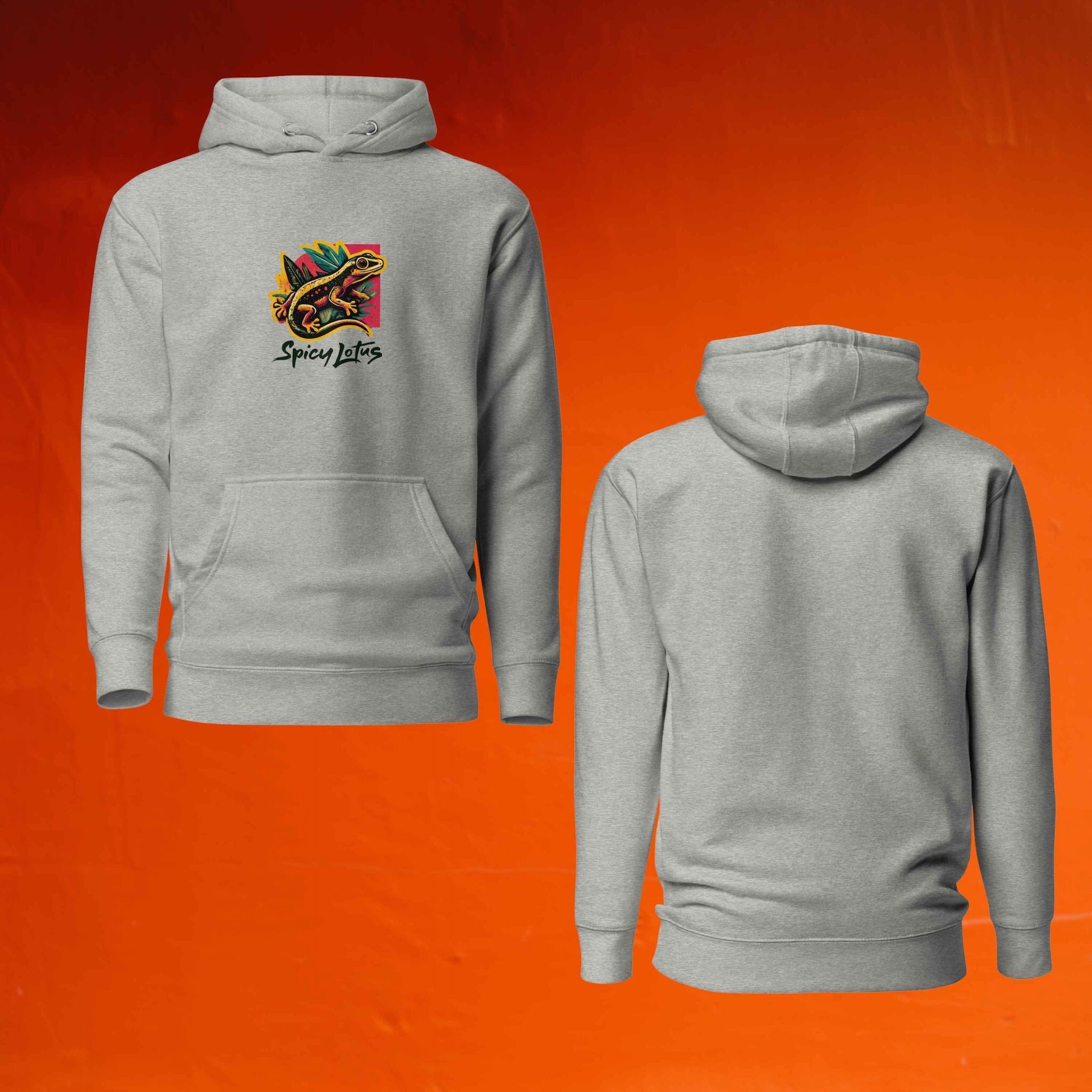 Front pouch pocket and flat drawstrings of Urban Gecko front/back view Ghost hoodie