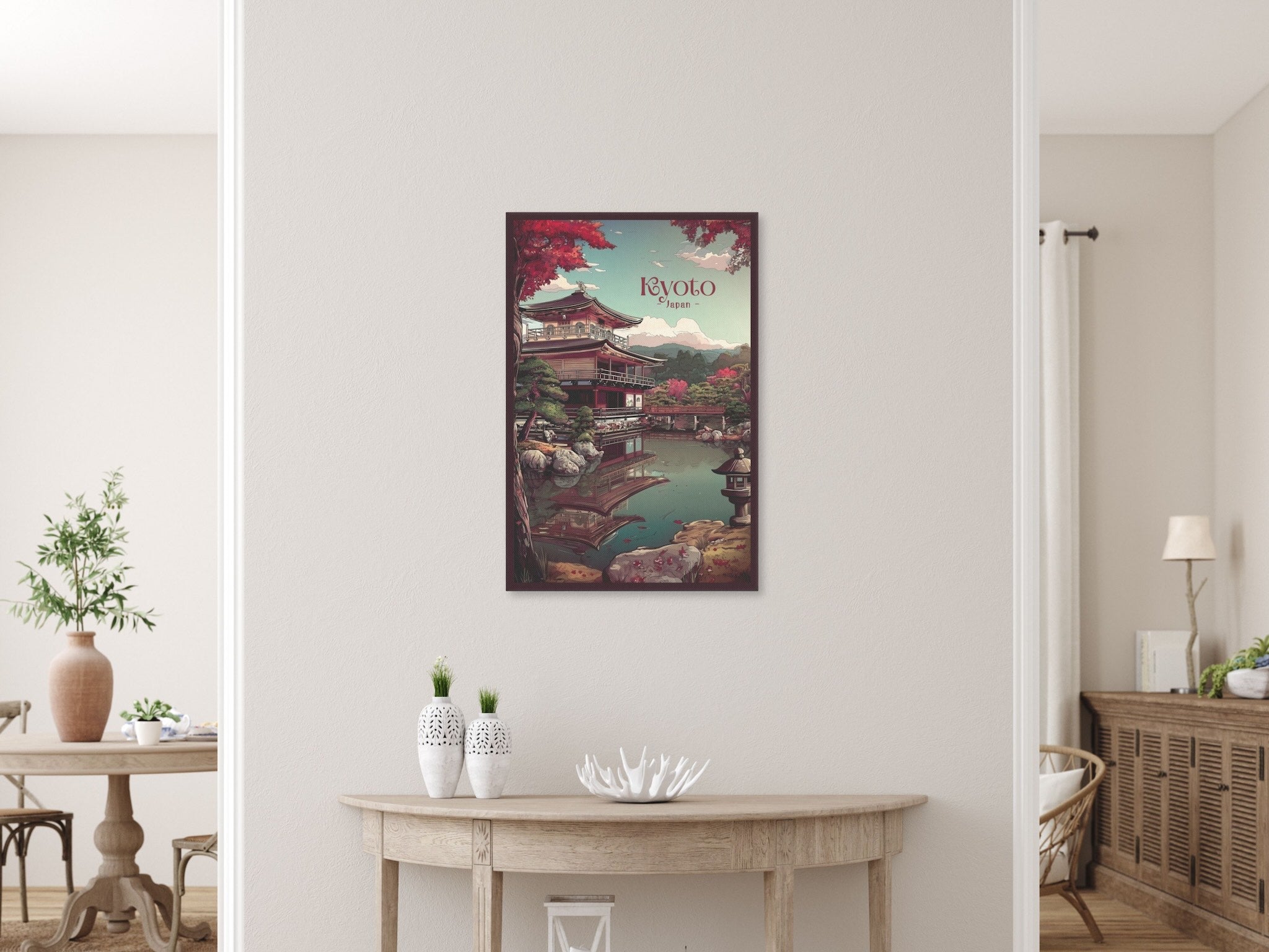Minimalist Japanese temple reflection artwork for living room