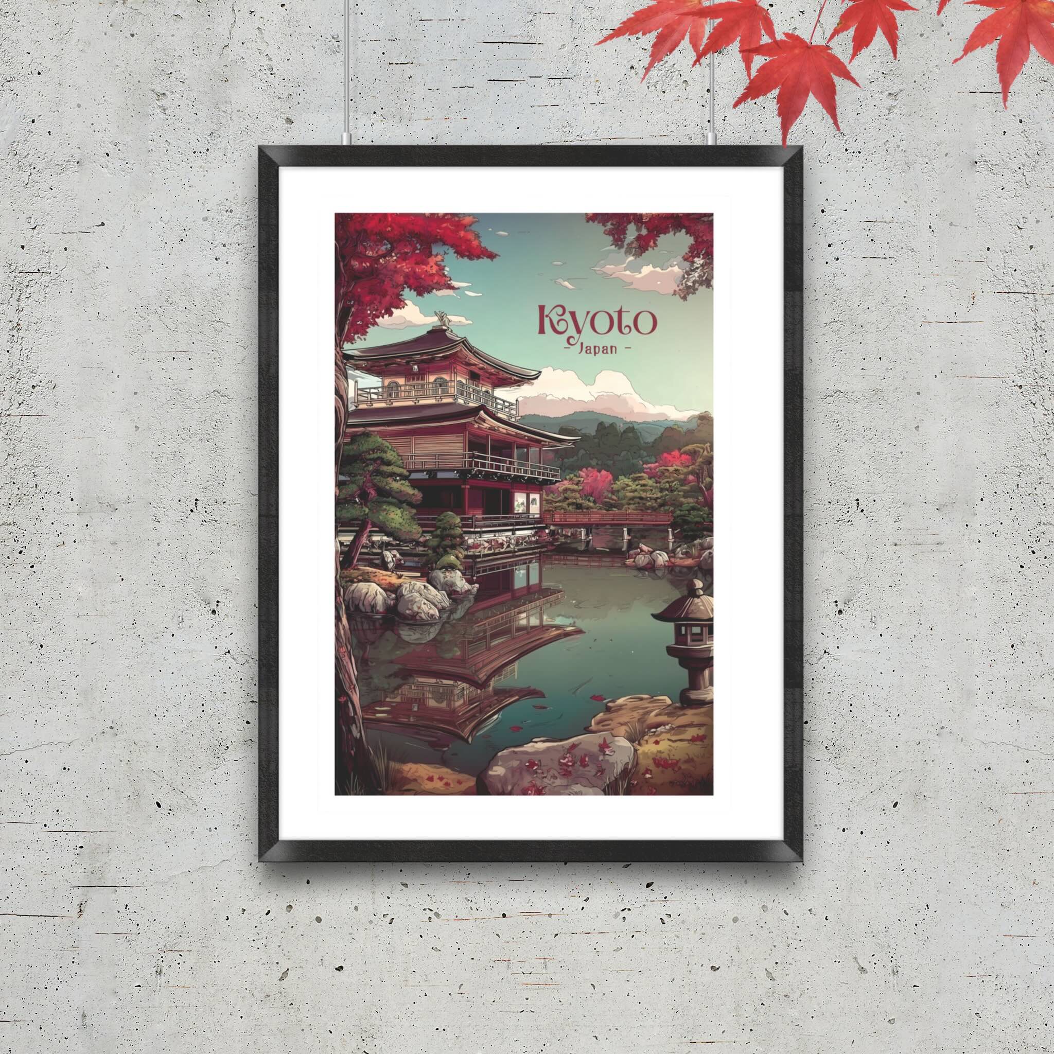 Zen garden Japanese temple Kinkaku-ji vertical wall art in black frame