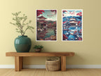 Two Kyoto travel posters of Kinkaku-ji temple in hallway setup