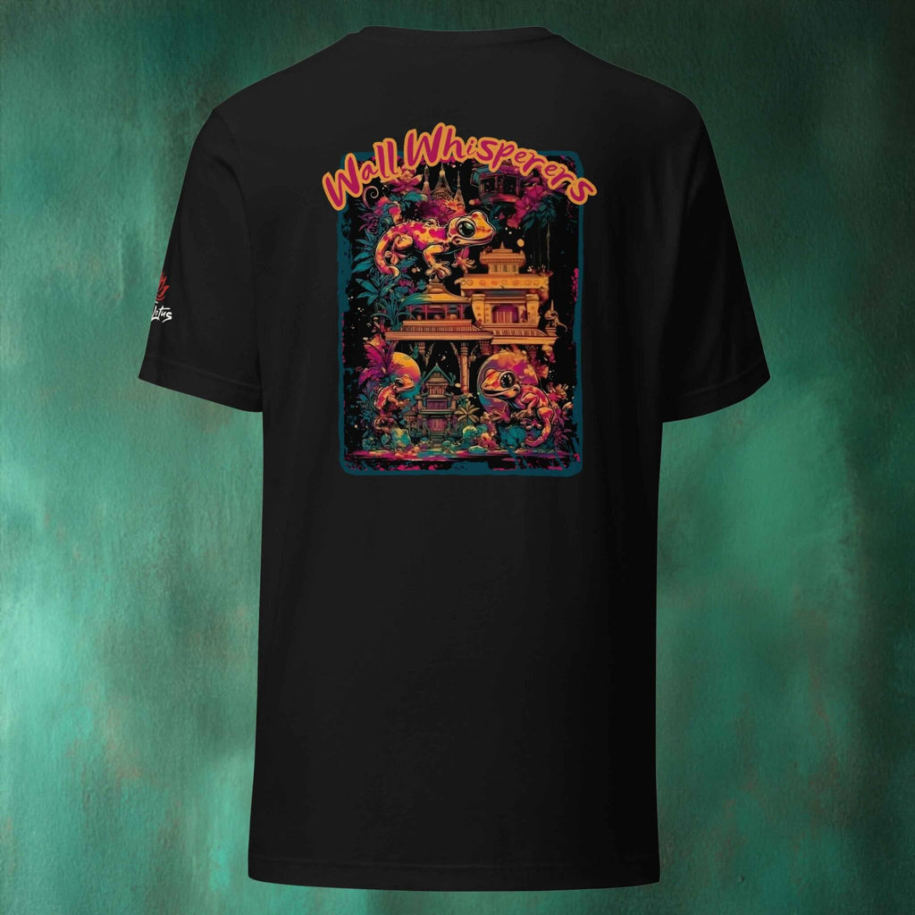 Black t-shirt with colorful gecko graphic design on the back against a teal background